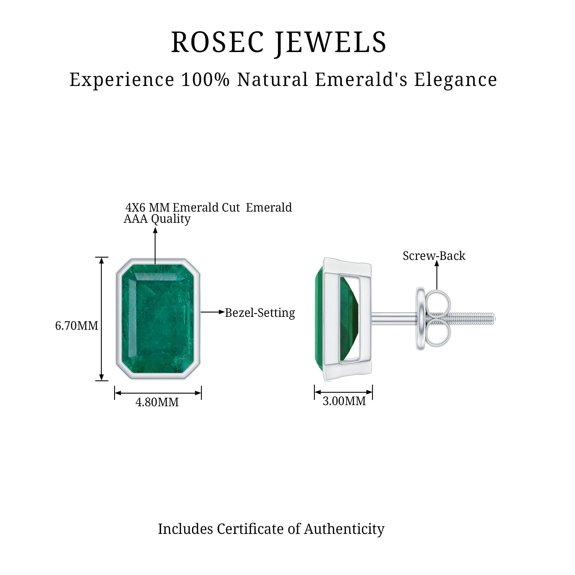 Octagon Cut Emerald Solitaire Stud Earrings in Bezel Setting