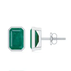 Octagon Cut Emerald Solitaire Stud Earrings in Bezel Setting