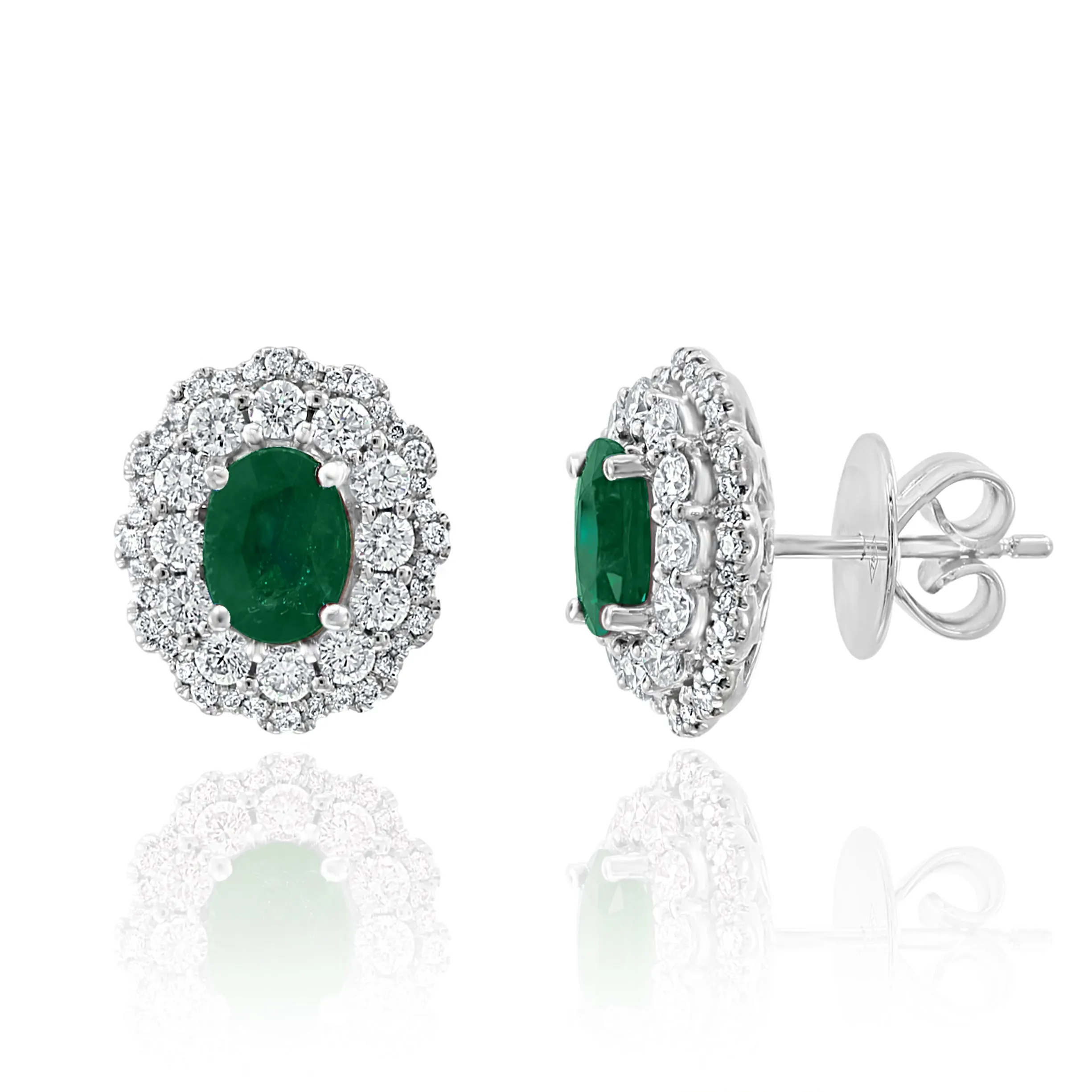 Oval Emerald Studs with Double Diamond Halo