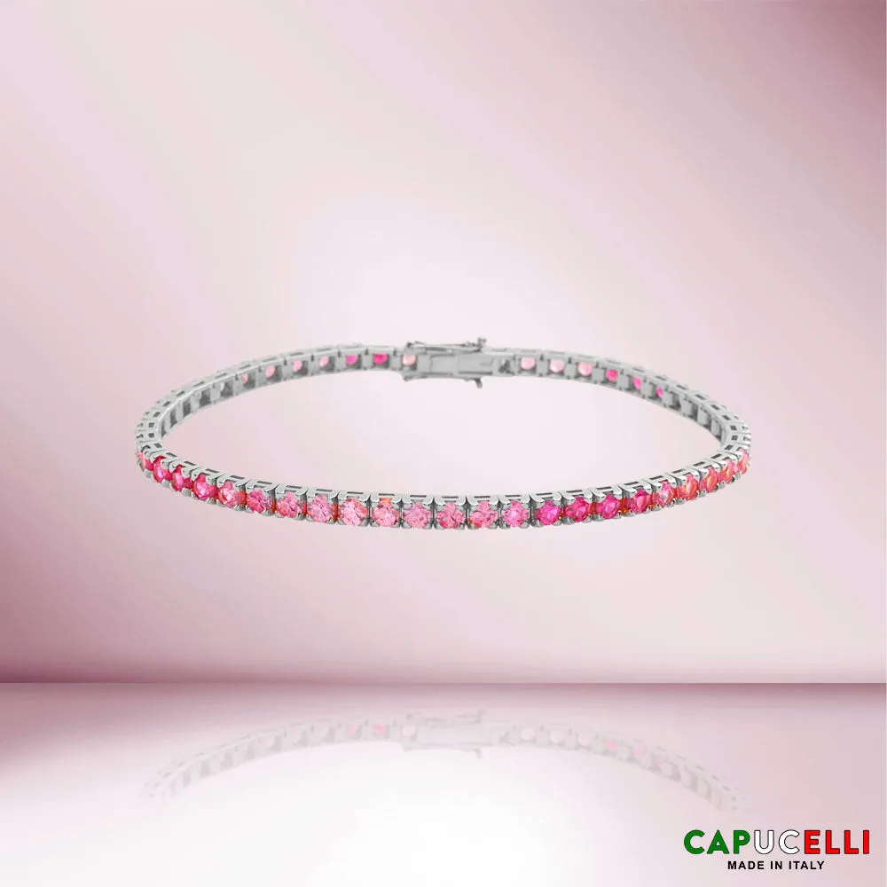 Pink Shaded Sapphires Tennis Bracelet (11.50 ct.) 4-Prongs Setting in 18K Gold, Made In Italy