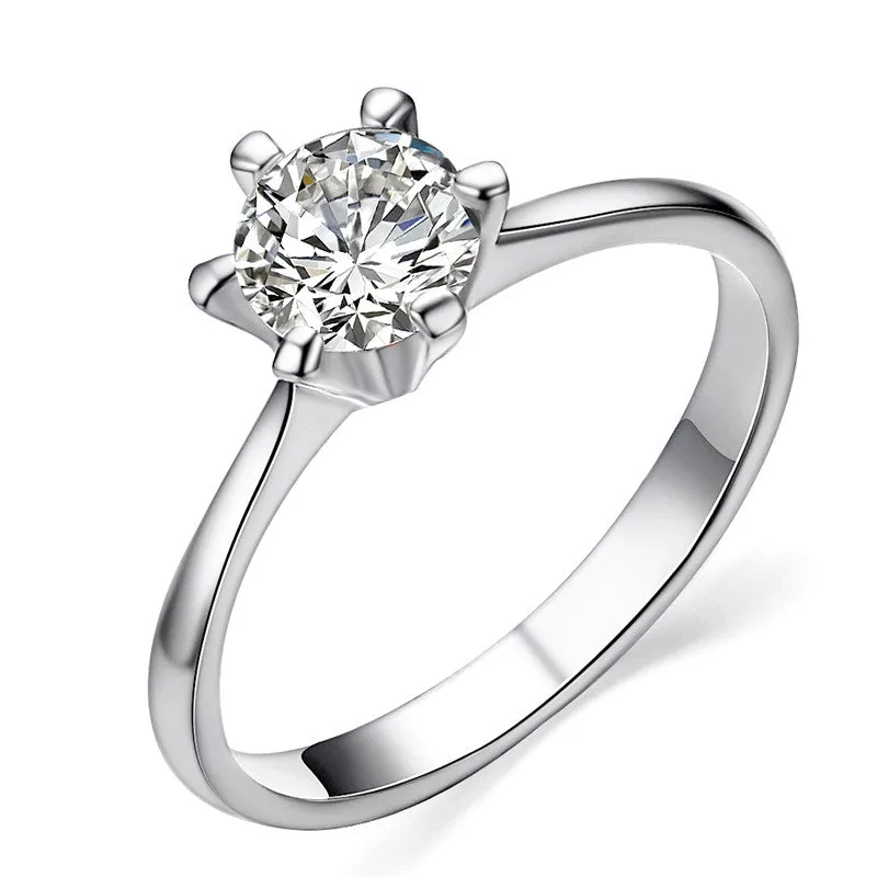 Platinum Plated Classic Simple Design 6 Prong Sparkling Solitaire 1ct Zirconia Diamond forever Wedding Ring