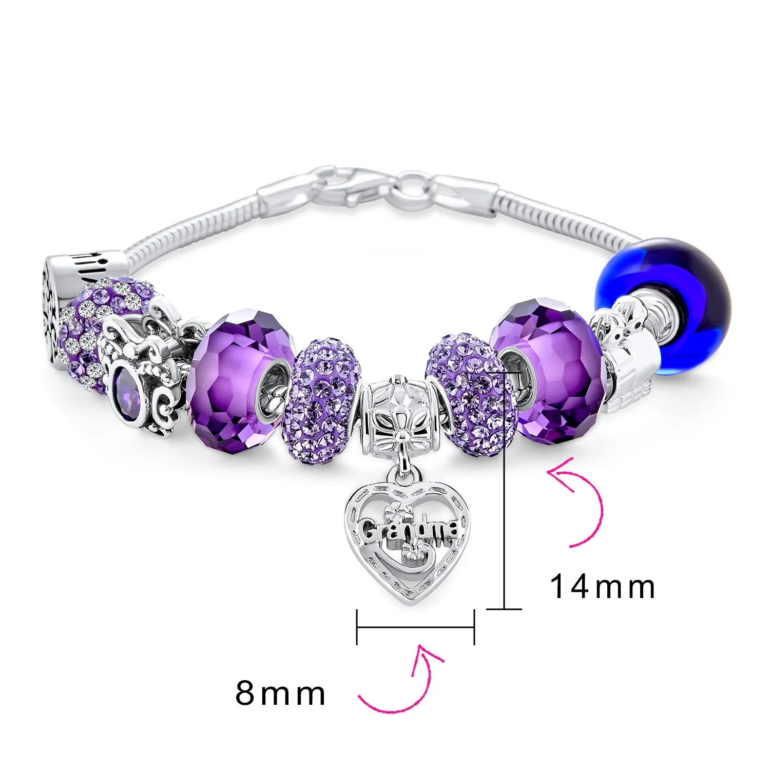 Purple Love Grandma Family Charm Bracelet Sterling Silver 6.5-8 Inch