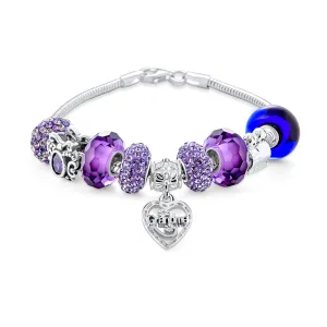 Purple Love Grandma Family Charm Bracelet Sterling Silver 6.5-8 Inch