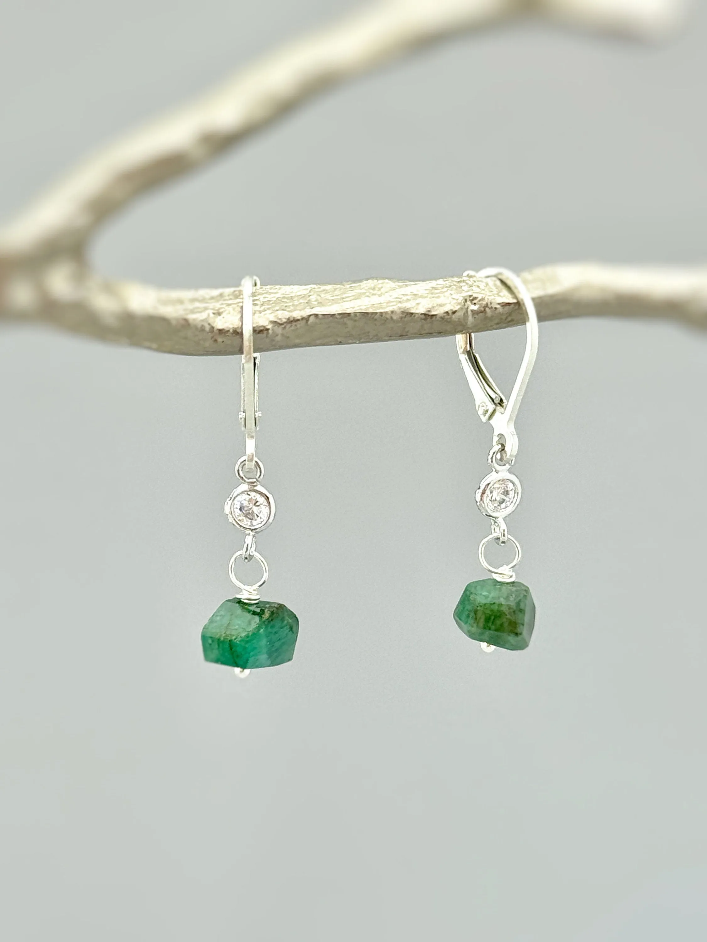 Raw Emerald Earrings Dangle Gold Sterling Silver