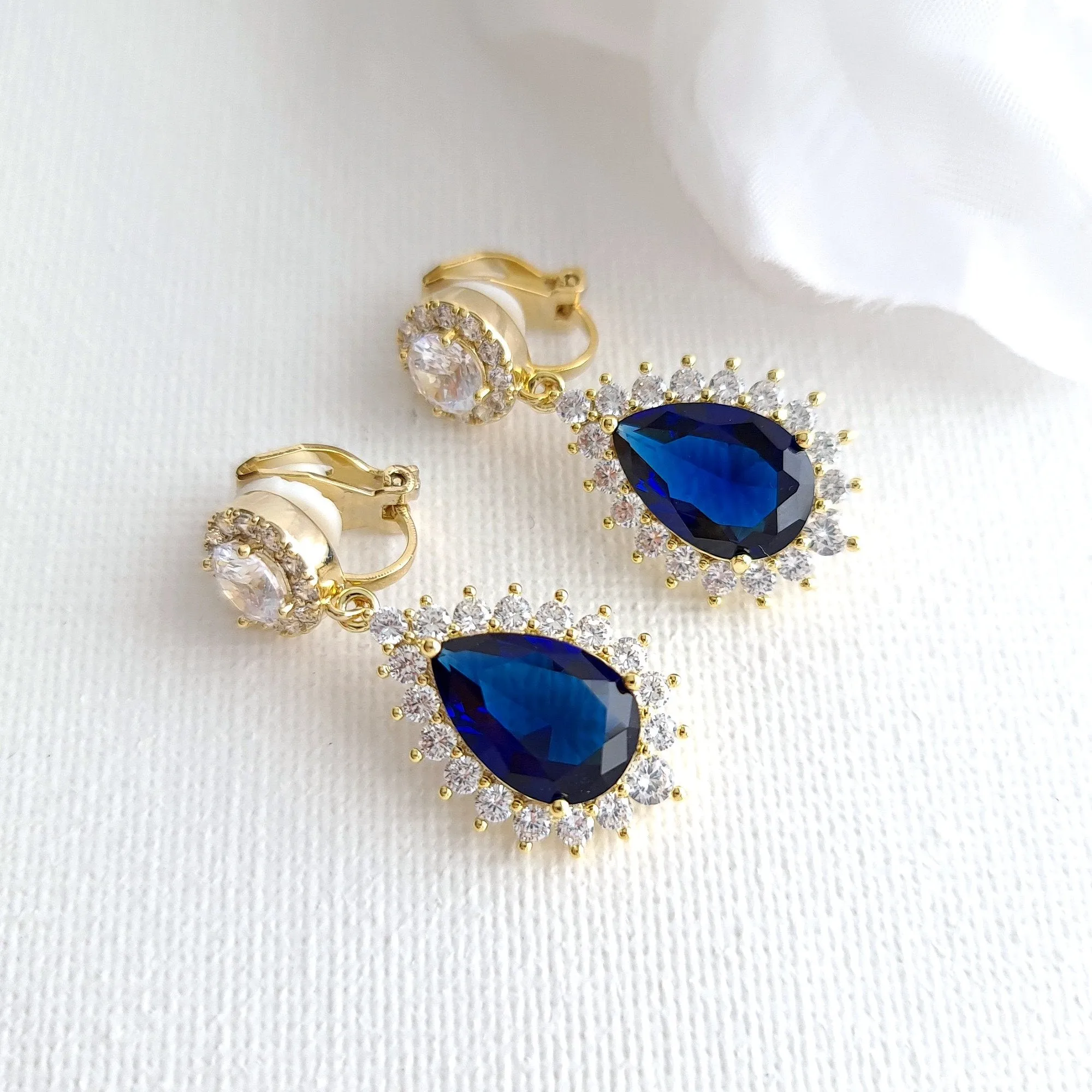 Rose Gold and Blue Clip On Earrings for Weddings-Aoi