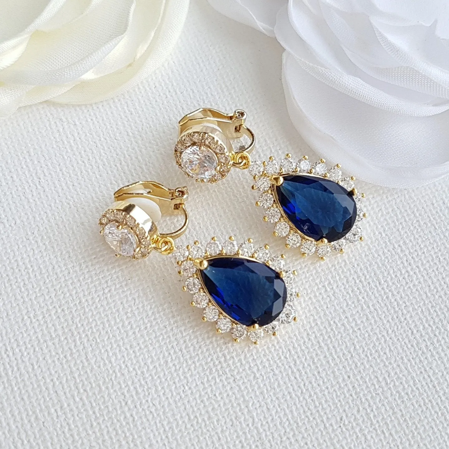 Rose Gold and Blue Clip On Earrings for Weddings-Aoi