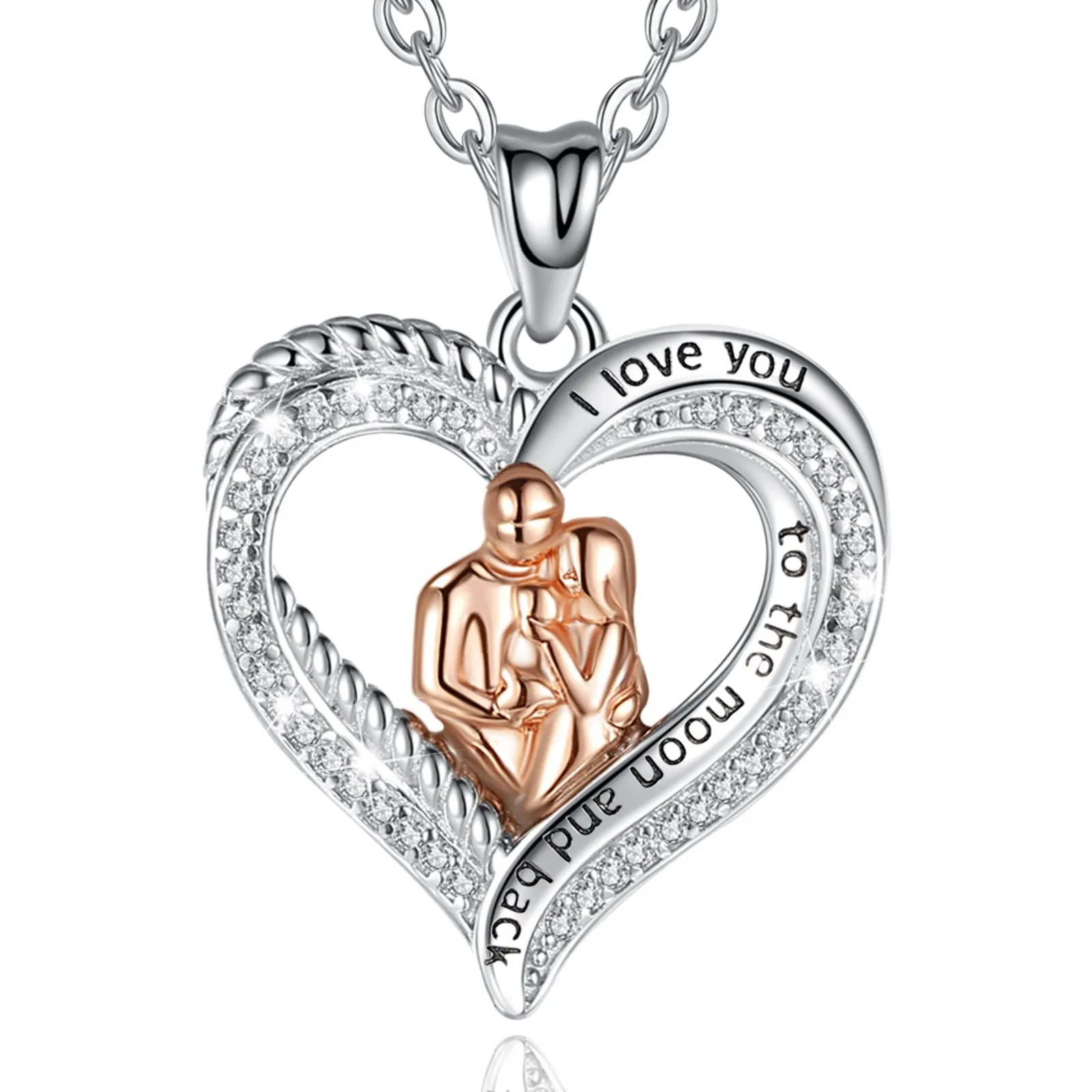 Rose Gold Family Necklace Paved-Crystal Heart Pendant Fine Women Jewelry for Mother's Day Gift