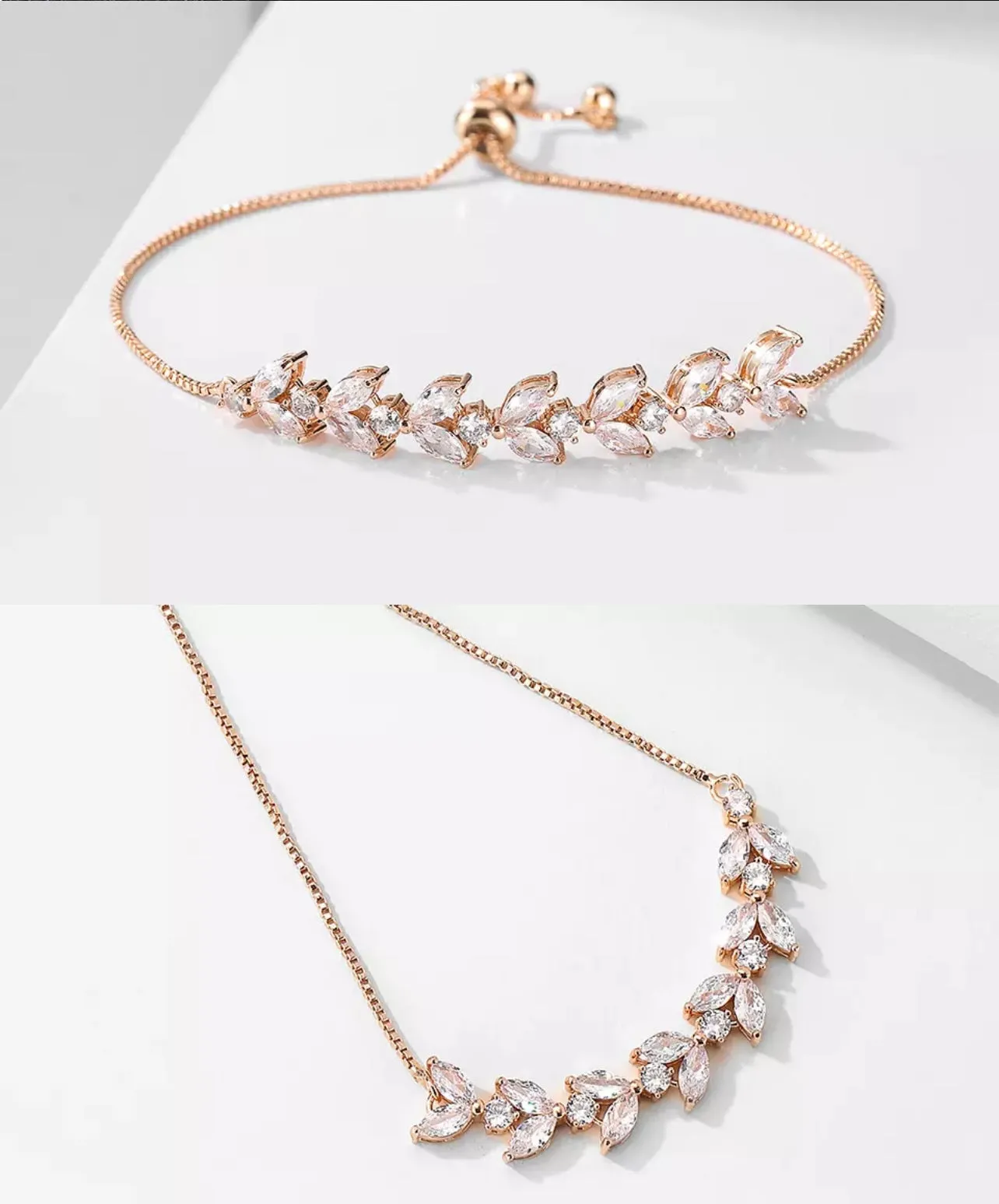 Rose Gold Marquis CZ, Leaf Pattern Box Chain Toggle Bracelet