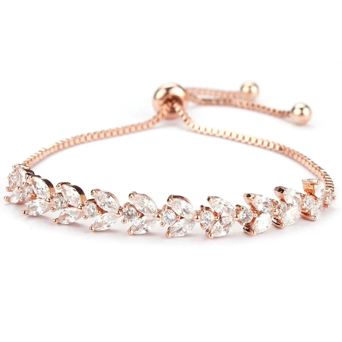 Rose Gold Marquis CZ, Leaf Pattern Box Chain Toggle Bracelet