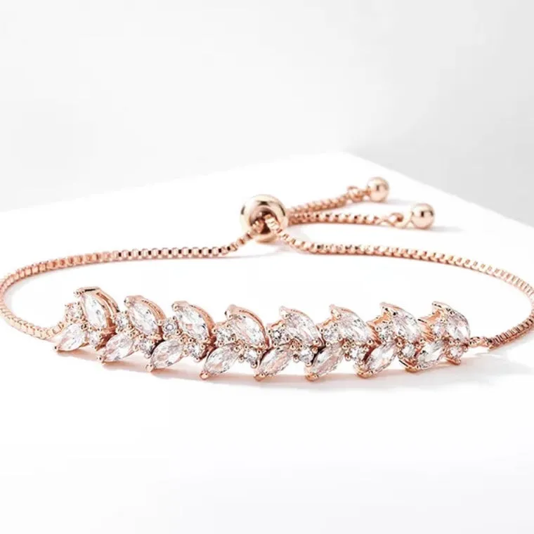 Rose Gold Marquis CZ, Leaf Pattern Box Chain Toggle Bracelet