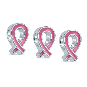 SET OF 3 Pink Ribbon Breast Cancer Survivor Charm Bead - Sterling Silver Jewelry