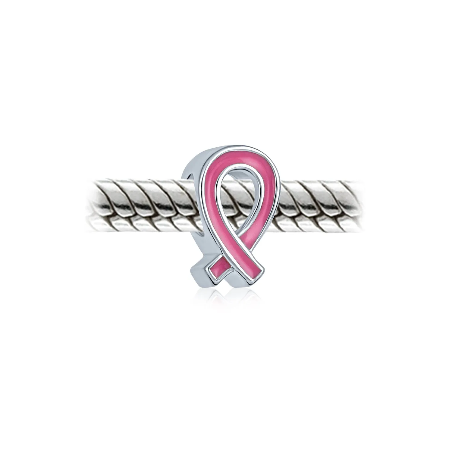 SET OF 3 Pink Ribbon Breast Cancer Survivor Charm Bead - Sterling Silver Jewelry