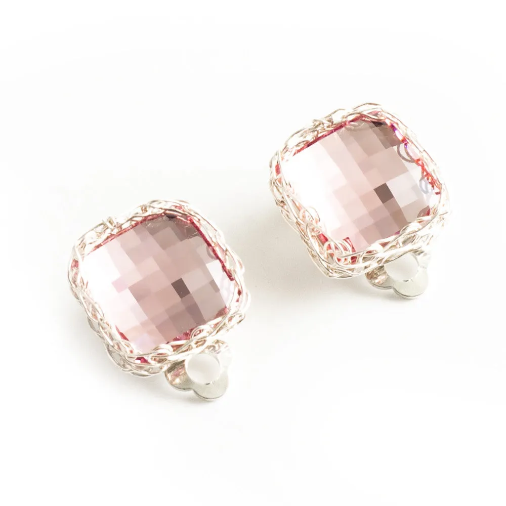 Silver and Pink Clip on Earrings , Bridesmaids Gift , Wedding Jewelry , Bridal , Swarovski