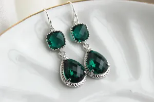 Silver Emerald Green Earrings Two Tiered Glass Earrings Jade Bridesmaid Earrings Emerald Wedding Earrings Wedding Jewelry Bridesmaid