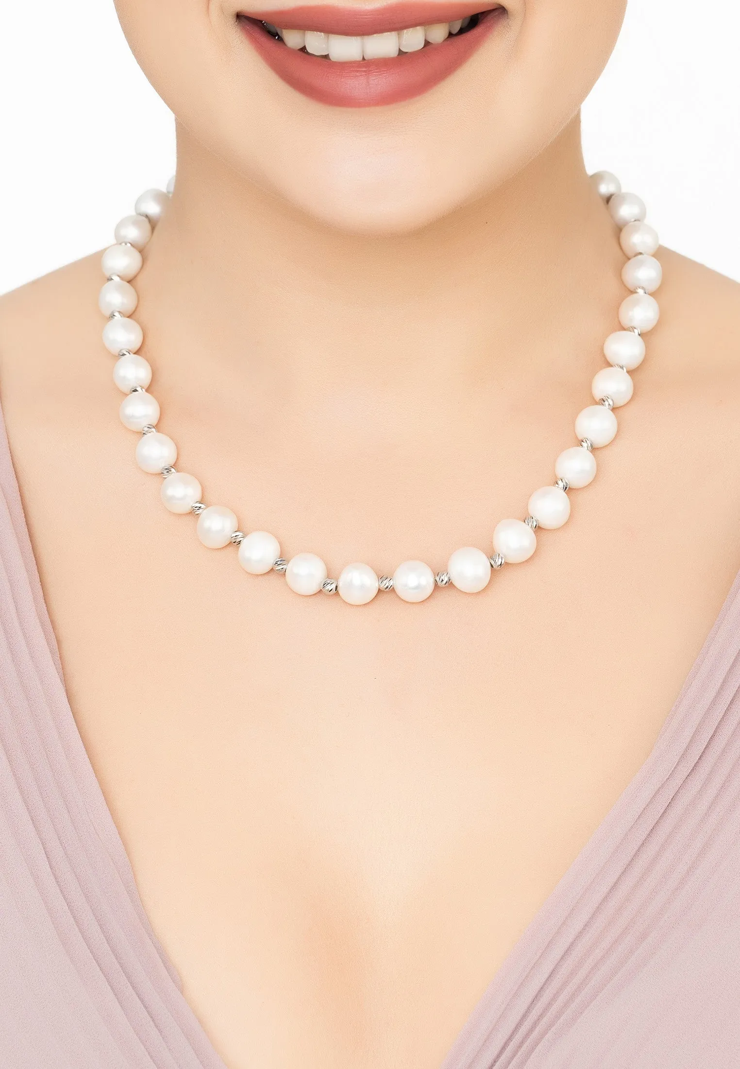 Solid 14K White Gold Classic Natural Pearl Necklace