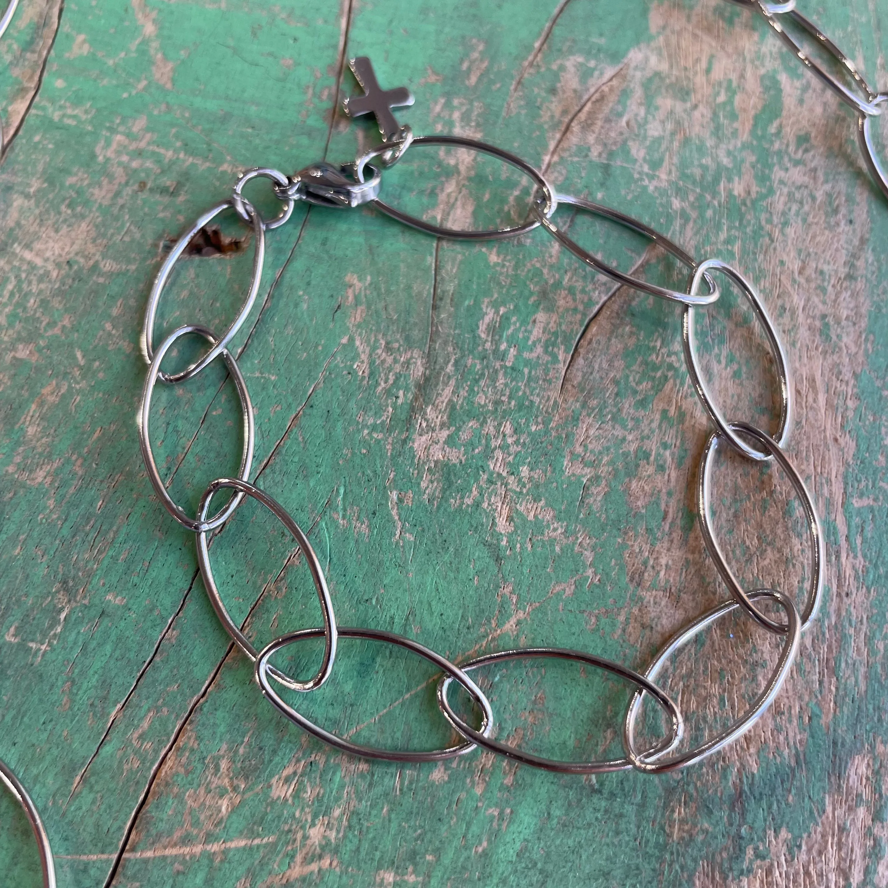 Stainless Steel Oval Link Layering Necklace and Bracelet