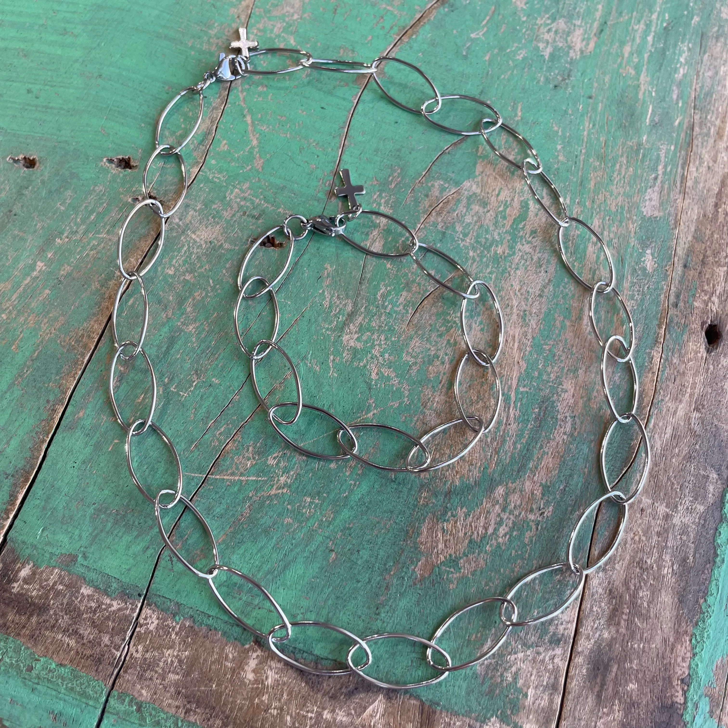 Stainless Steel Oval Link Layering Necklace and Bracelet