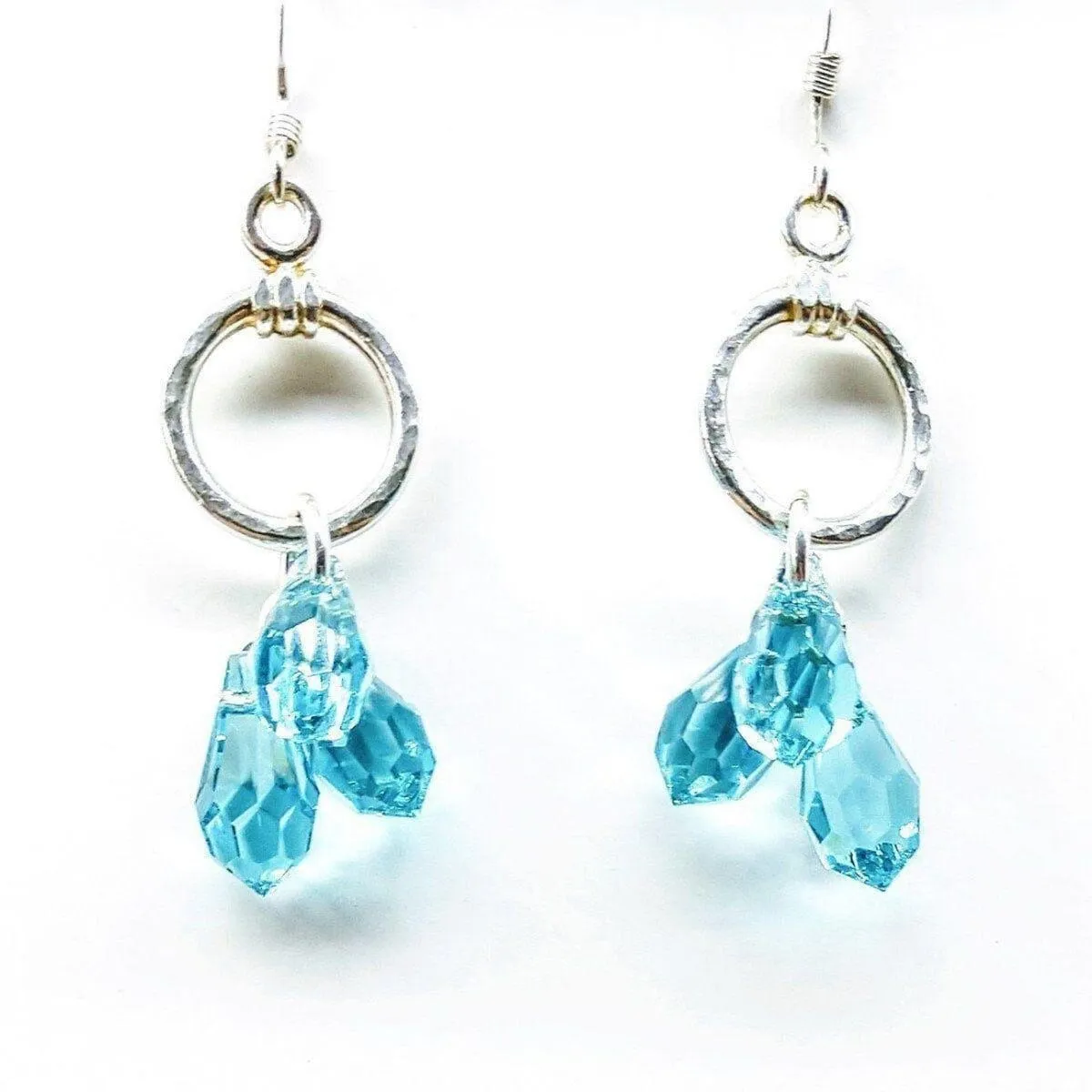 Sterling Silver Hammered Aqua Crystal Cascading Drop Earrings