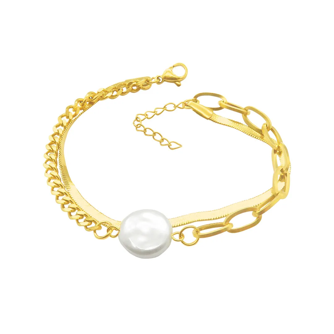 Tarnish Resistant 14k Gold Plated Mixed Chain Pearl Bracelet