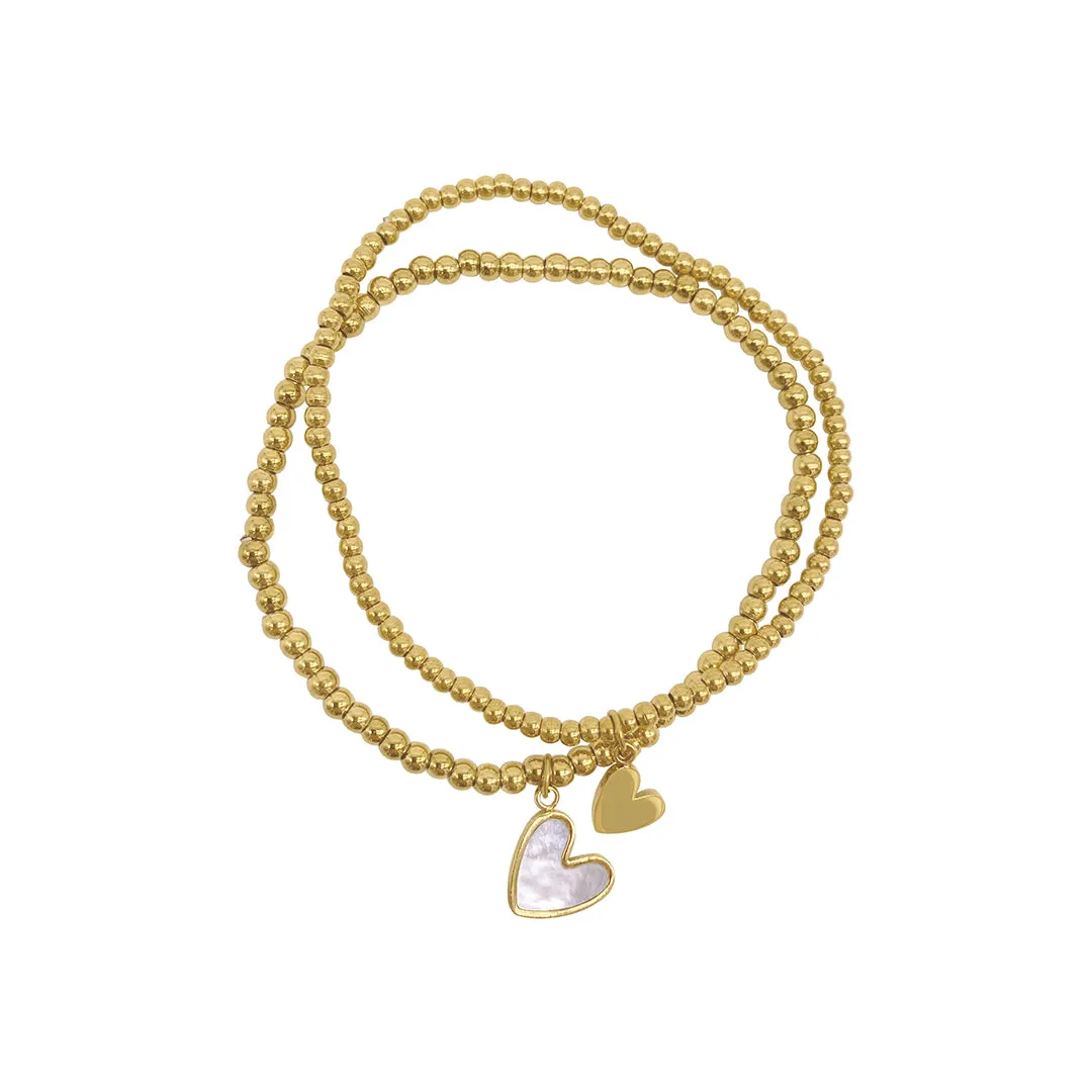 Tarnish Resistant 14k Gold Plated Set of Heart Ball Bracelets with Mother of Pearl