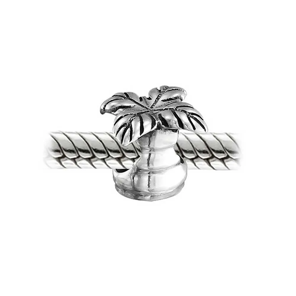 Tropical Beach Palm Tree Charm Bead in Oxidized Sterling Silver for Bracelets