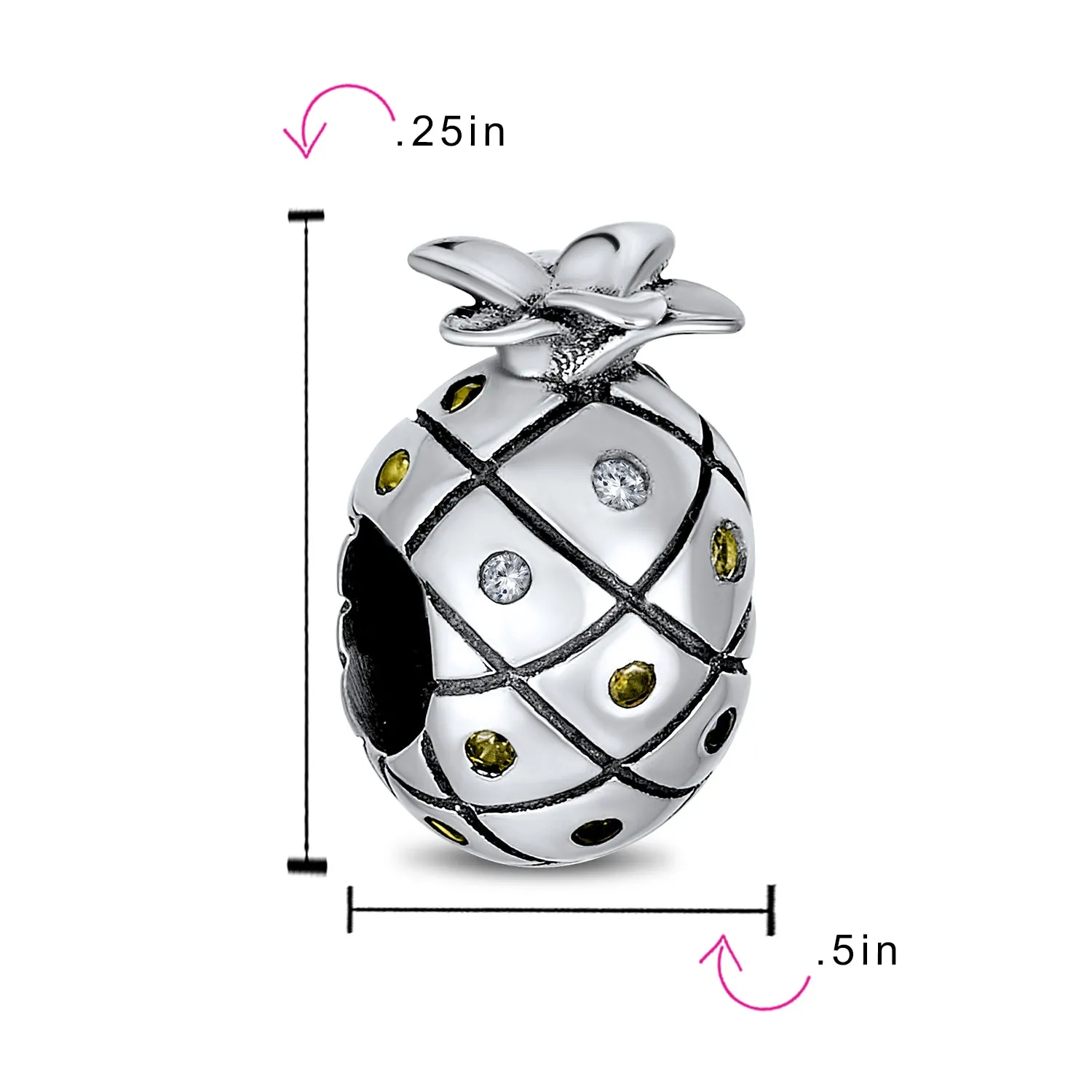 Tropical Pineapple Charm Bead with Golden CZ for European Bracelets Sterling Silver