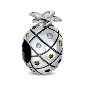 Tropical Pineapple Charm Bead with Golden CZ for European Bracelets Sterling Silver