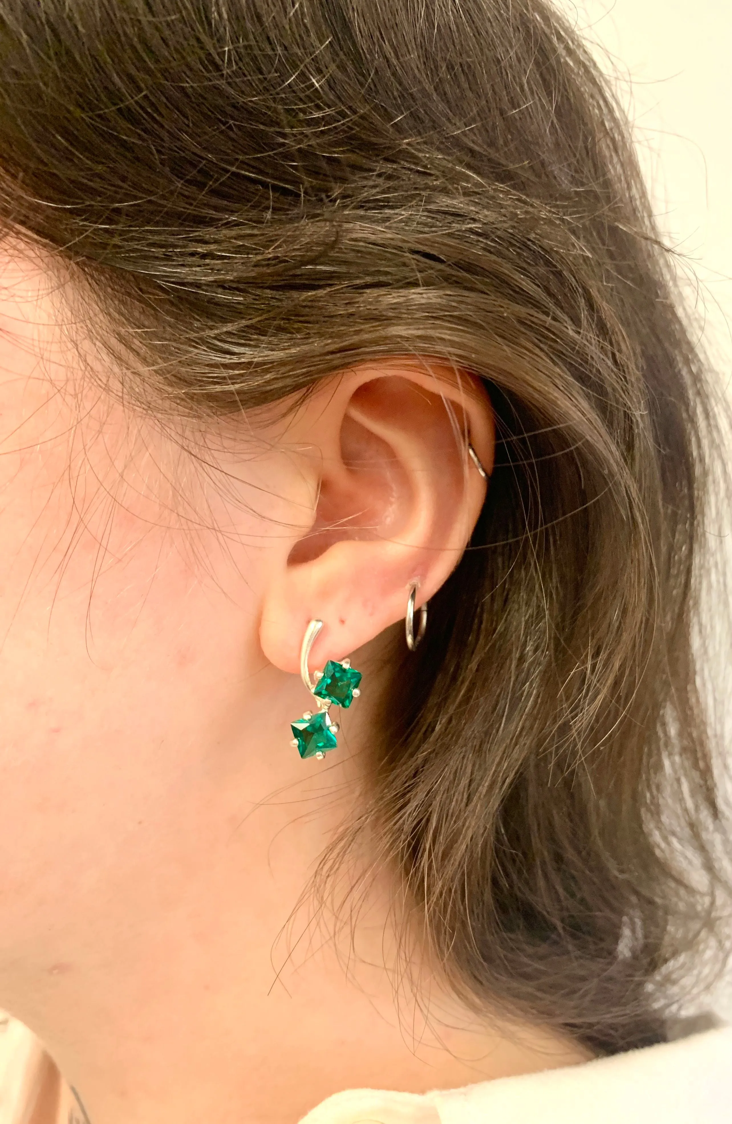 Twin Emerald Earrings - Green Square Earrings, Long Emerald Earrings