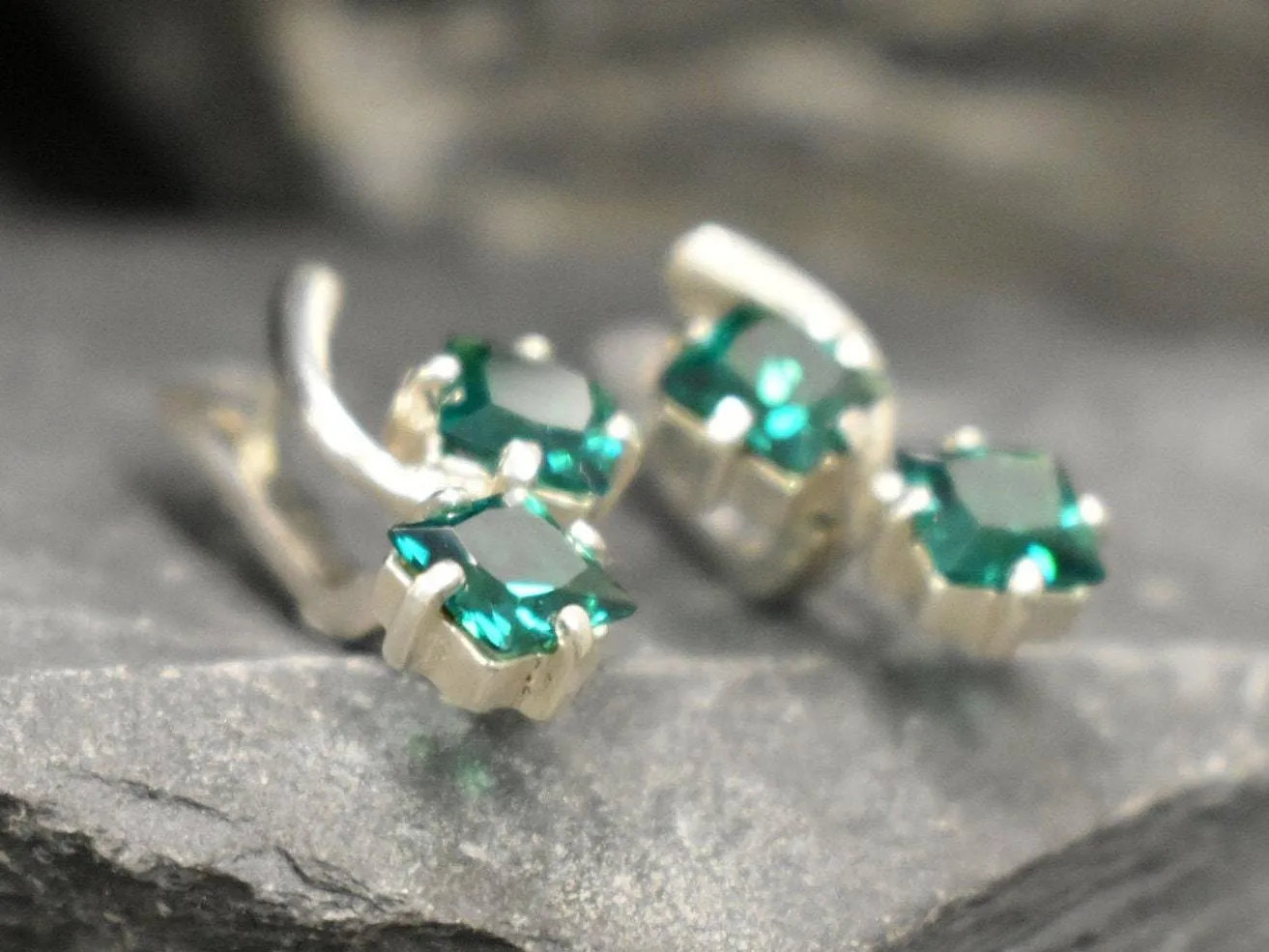 Twin Emerald Earrings - Green Square Earrings, Long Emerald Earrings