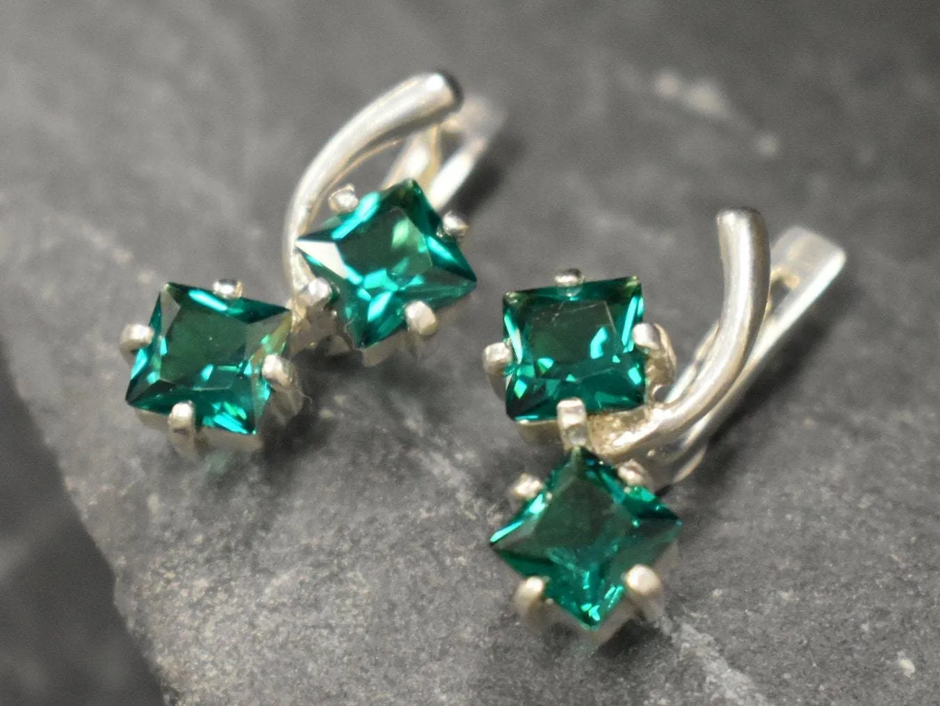 Twin Emerald Earrings - Green Square Earrings, Long Emerald Earrings