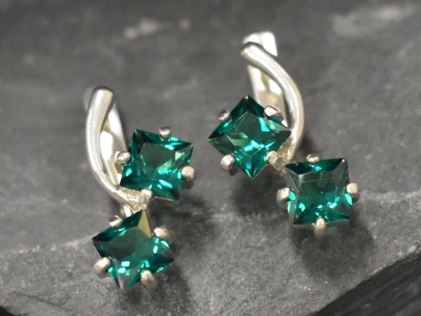 Twin Emerald Earrings - Green Square Earrings, Long Emerald Earrings