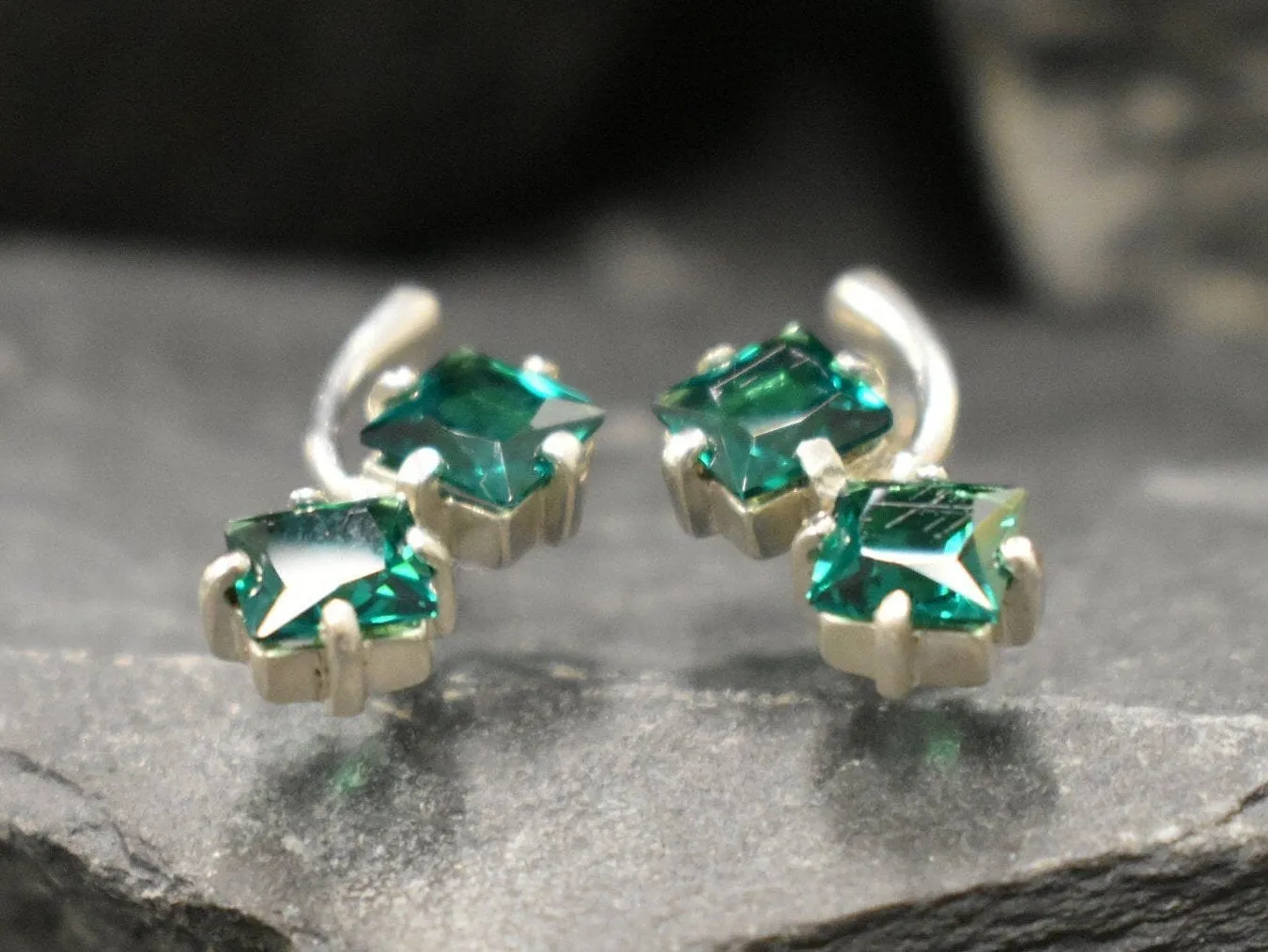 Twin Emerald Earrings - Green Square Earrings, Long Emerald Earrings