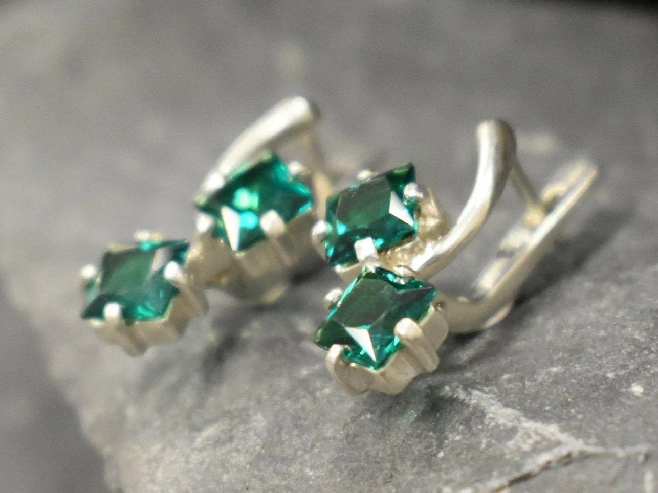 Twin Emerald Earrings - Green Square Earrings, Long Emerald Earrings