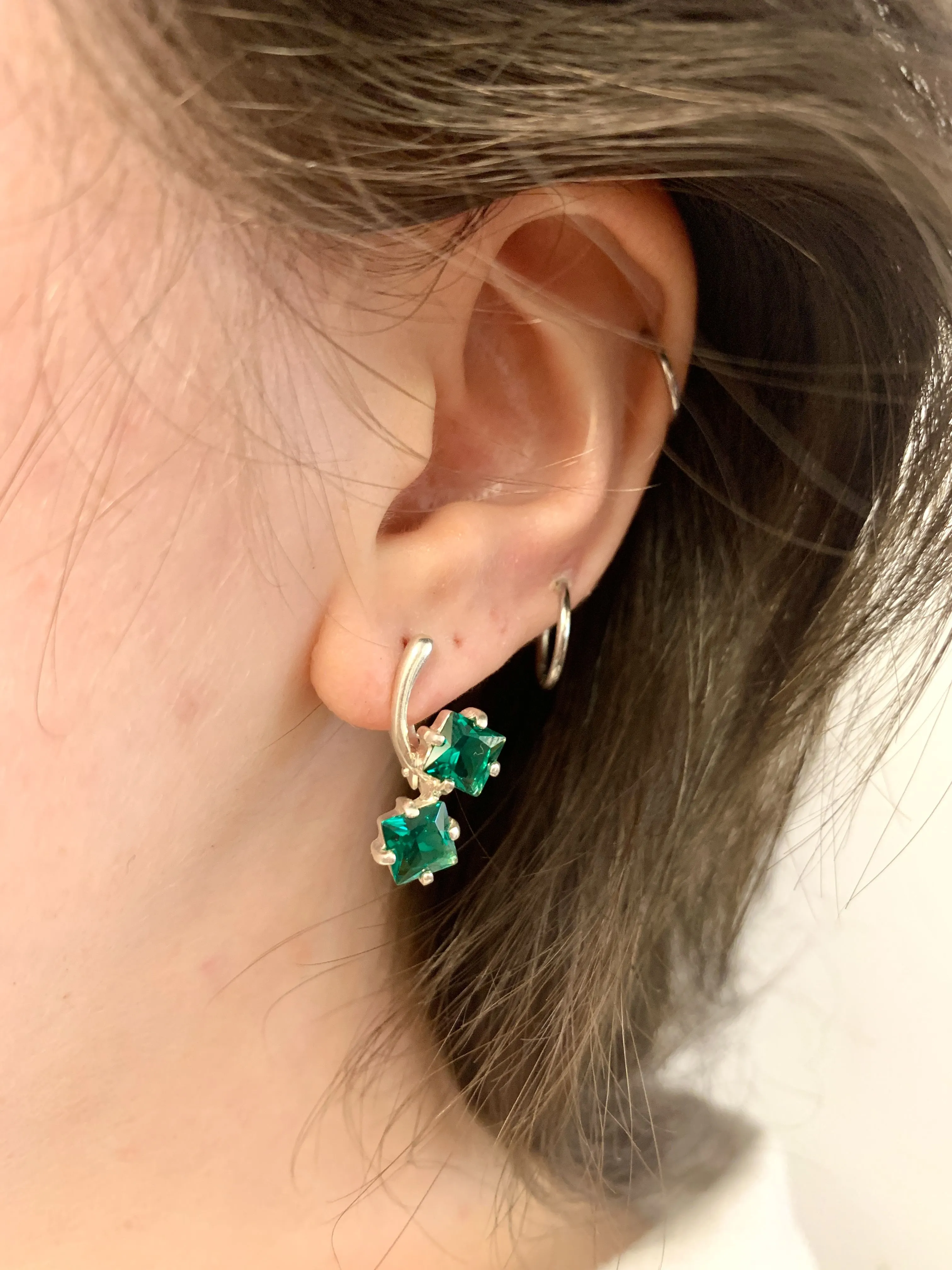 Twin Emerald Earrings - Green Square Earrings, Long Emerald Earrings