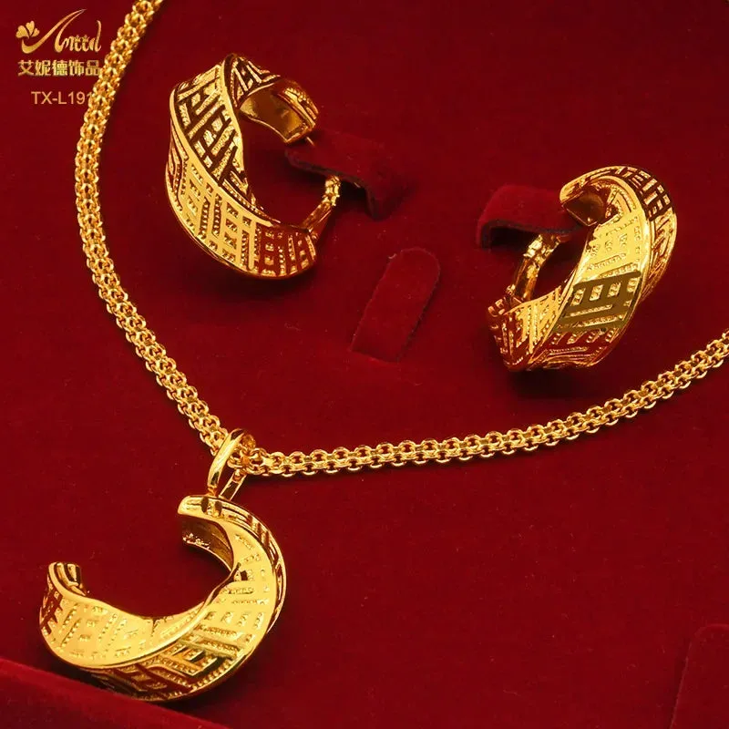 Two-piece set of 24K gold-plated copper jewelry from India and Dubai - gold warped geometry necklaces & earrings - Excellent gift for women