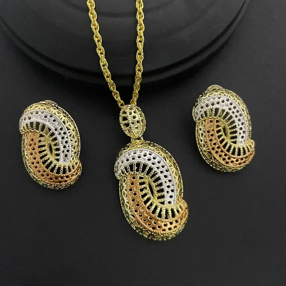 Two-piece set of 24K gold-plated copper jewelry from India and Dubai - gold warped geometry necklaces & earrings - Excellent gift for women