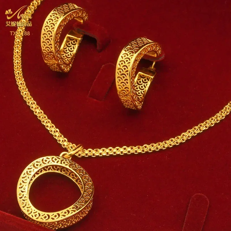 Two-piece set of 24K gold-plated copper jewelry from India and Dubai - gold warped geometry necklaces & earrings - Excellent gift for women