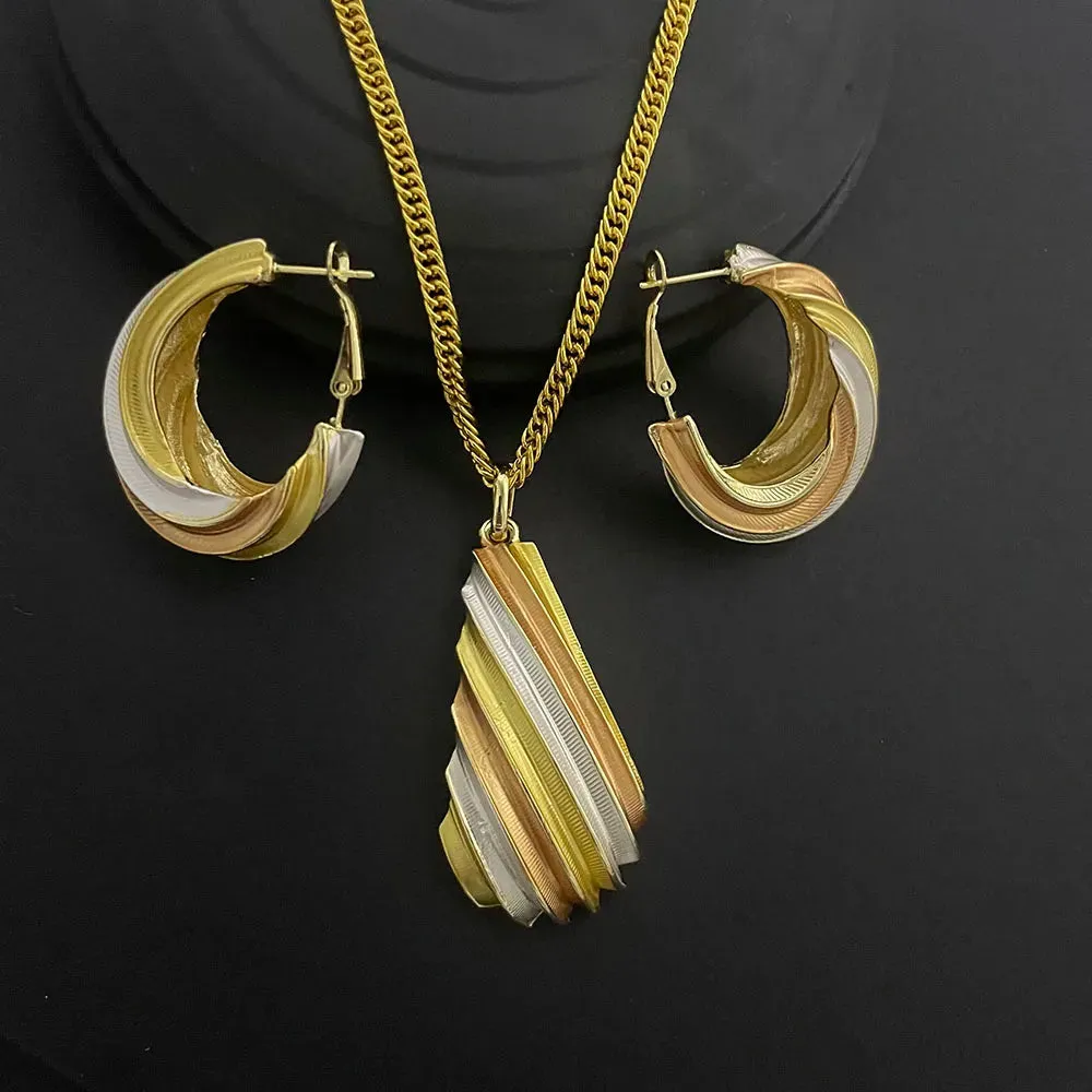 Two-piece set of 24K gold-plated copper jewelry from India and Dubai - gold warped geometry necklaces & earrings - Excellent gift for women