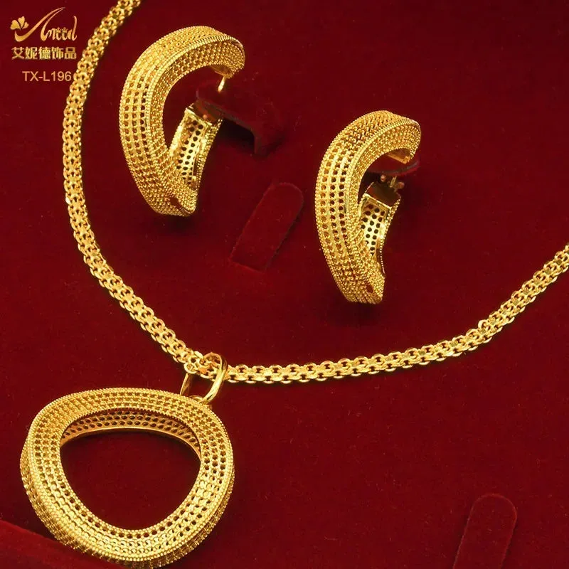 Two-piece set of 24K gold-plated copper jewelry from India and Dubai - gold warped geometry necklaces & earrings - Excellent gift for women