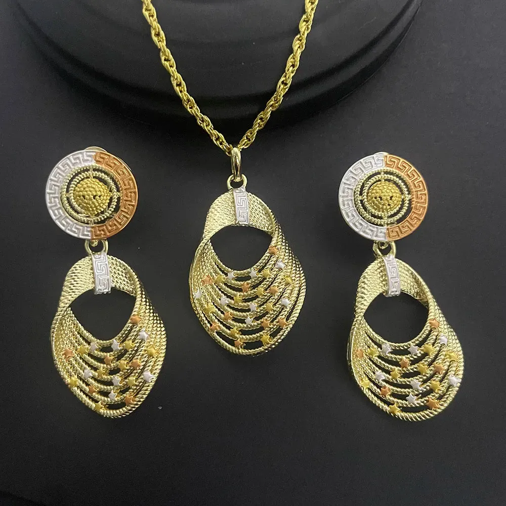 Two-piece set of 24K gold-plated copper jewelry from India and Dubai - gold warped geometry necklaces & earrings - Excellent gift for women