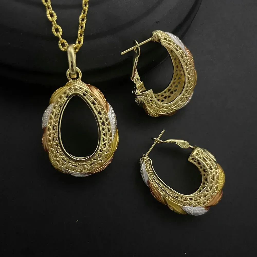 Two-piece set of 24K gold-plated copper jewelry from India and Dubai - gold warped geometry necklaces & earrings - Excellent gift for women