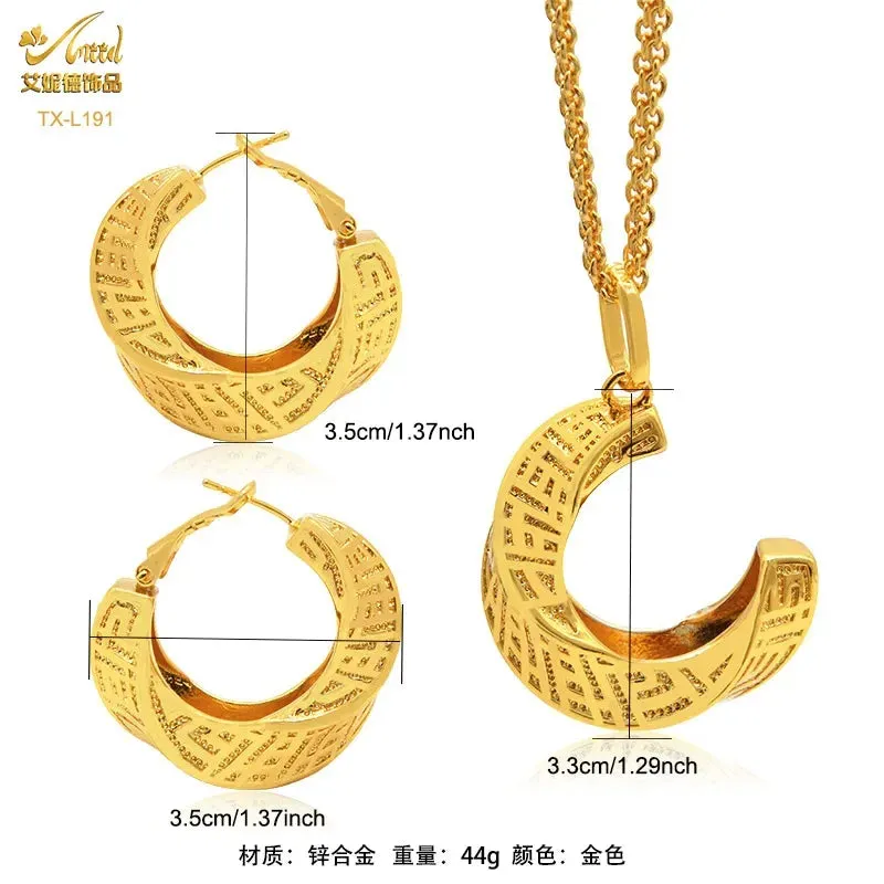 Two-piece set of 24K gold-plated copper jewelry from India and Dubai - gold warped geometry necklaces & earrings - Excellent gift for women