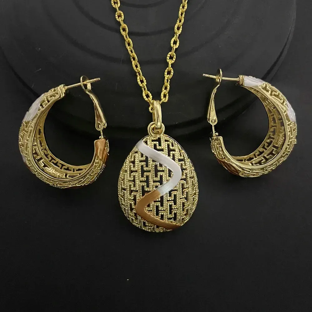 Two-piece set of 24K gold-plated copper jewelry from India and Dubai - gold warped geometry necklaces & earrings - Excellent gift for women