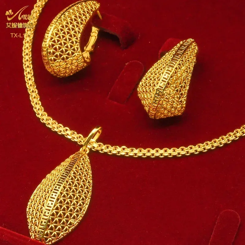 Two-piece set of 24K gold-plated copper jewelry from India and Dubai - gold warped geometry necklaces & earrings - Excellent gift for women