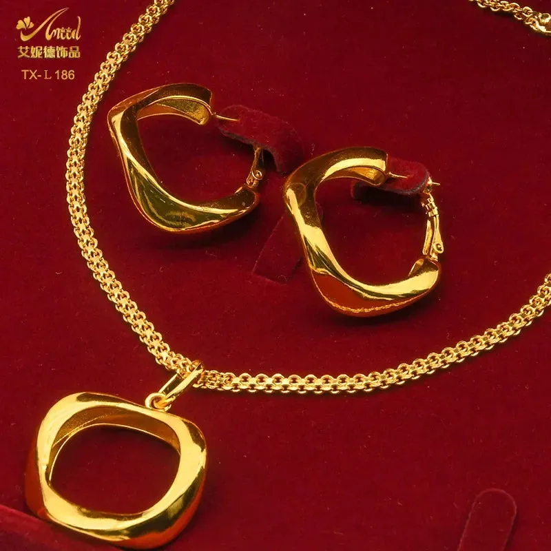 Two-piece set of 24K gold-plated copper jewelry from India and Dubai - gold warped geometry necklaces & earrings - Excellent gift for women