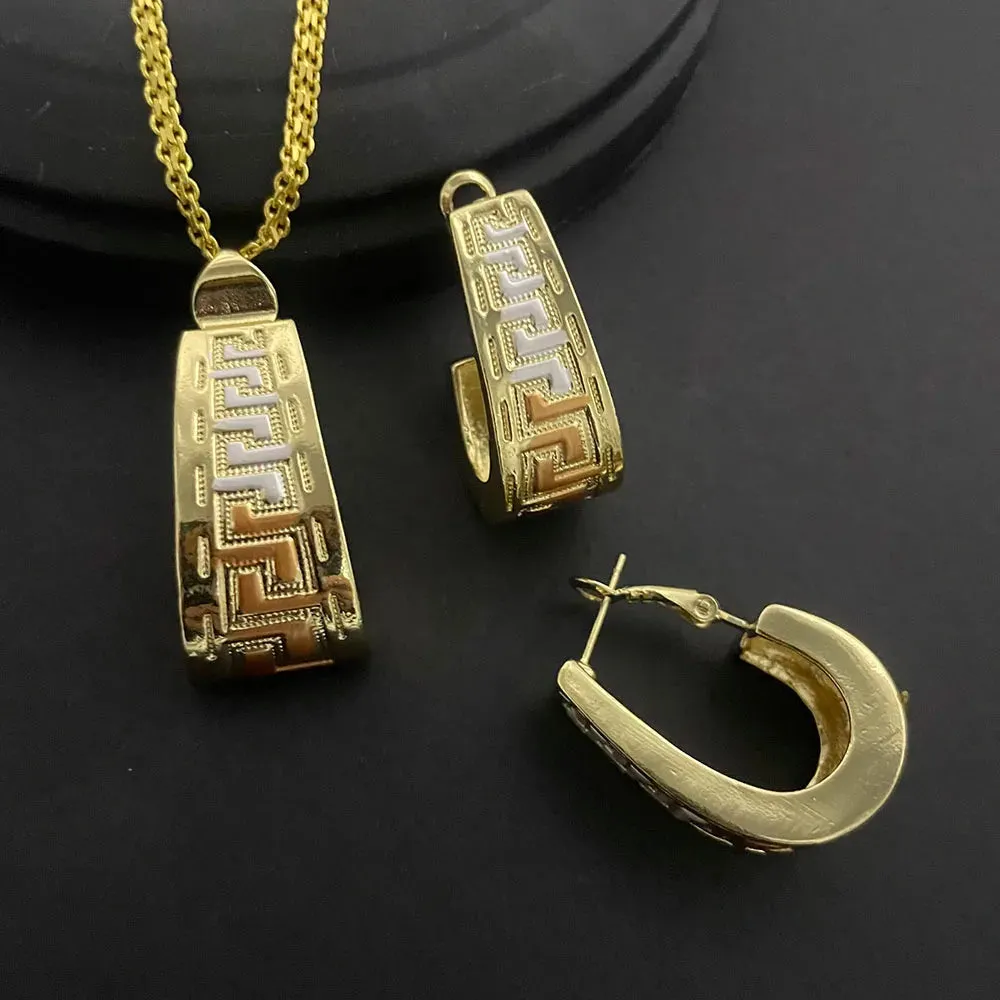 Two-piece set of 24K gold-plated copper jewelry from India and Dubai - gold warped geometry necklaces & earrings - Excellent gift for women