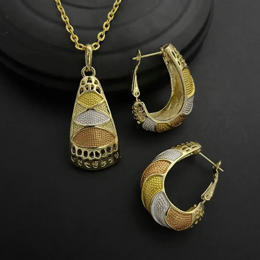 Two-piece set of 24K gold-plated copper jewelry from India and Dubai - gold warped geometry necklaces & earrings - Excellent gift for women