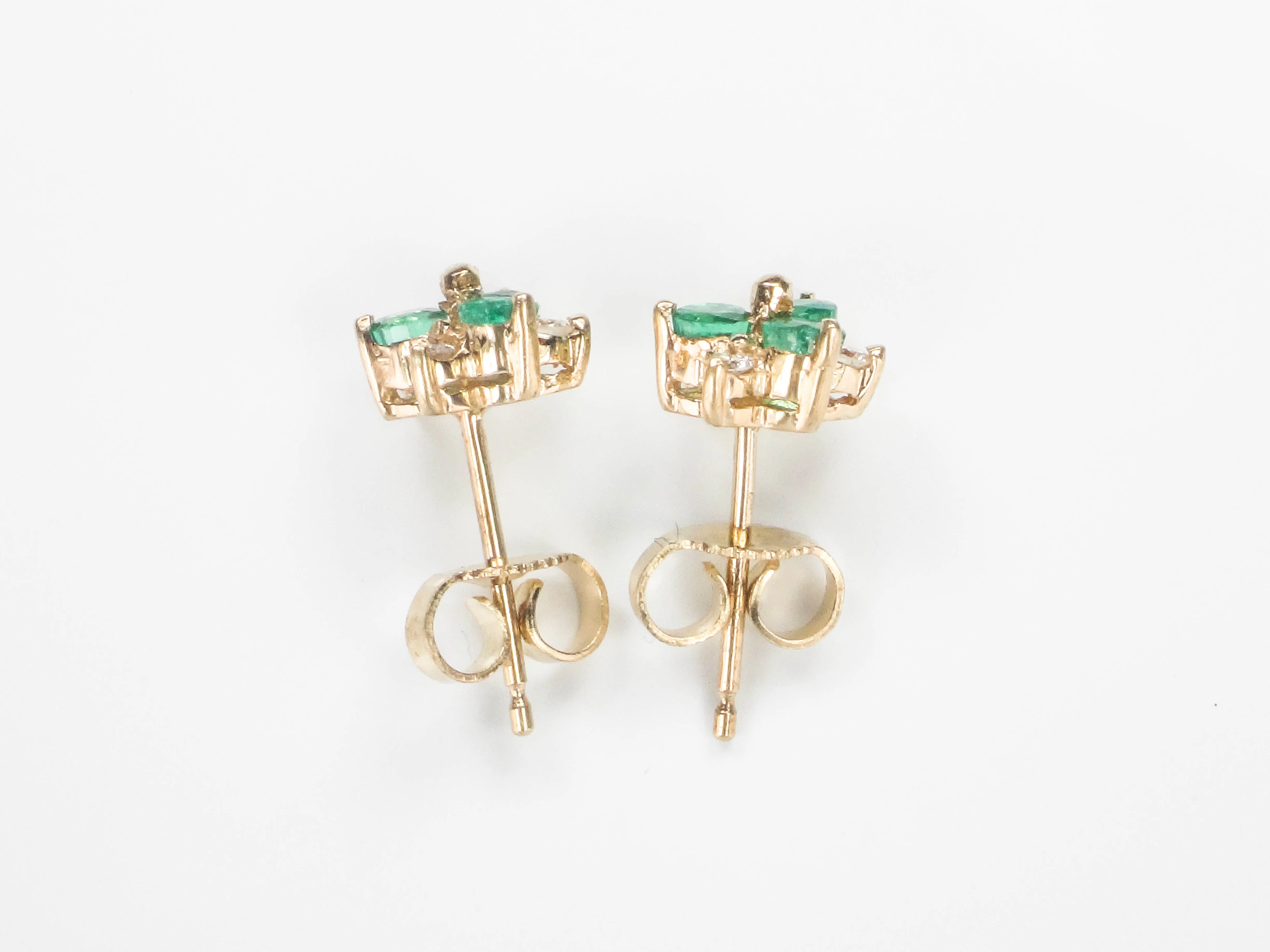 Vintage 14k Yellow Gold Natural Emerald and Diamond Stud Earrings, Floral Green May Birthstone Earrings