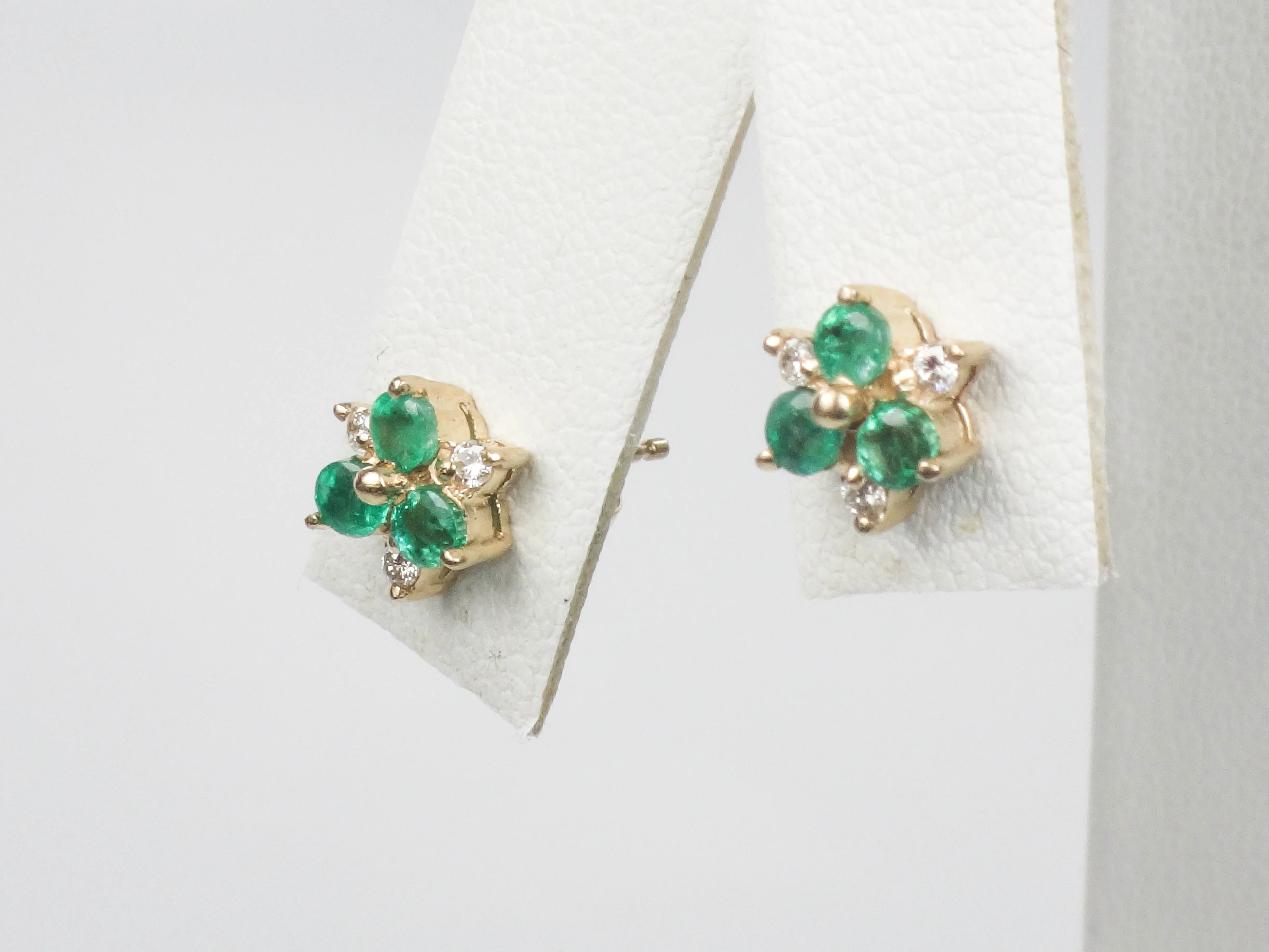 Vintage 14k Yellow Gold Natural Emerald and Diamond Stud Earrings, Floral Green May Birthstone Earrings