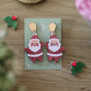 Vintage Santa Earrings Glittery Pink